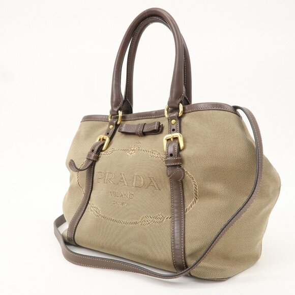 Authentic PRADA Logo Jacquard Leather 2Way Bag Hand Bag Beige - Picture 14 of 16